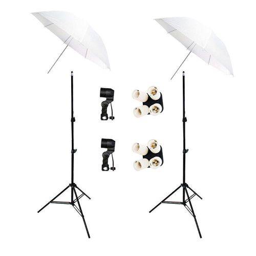 Kit de Iluminação Duplo para Estúdio Fotográfico com Sombrinha Difusora, Soquete Simples E-27, Quadr