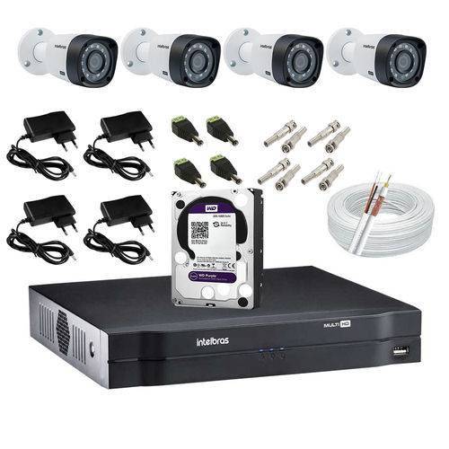 Kit de Monitoramento Intelbras Mhdx 4 Canais C/ 4 Câmeras 1120 Bullet , HD 1 Tera Wd Purple, Fontes, Conectores e Cabo
