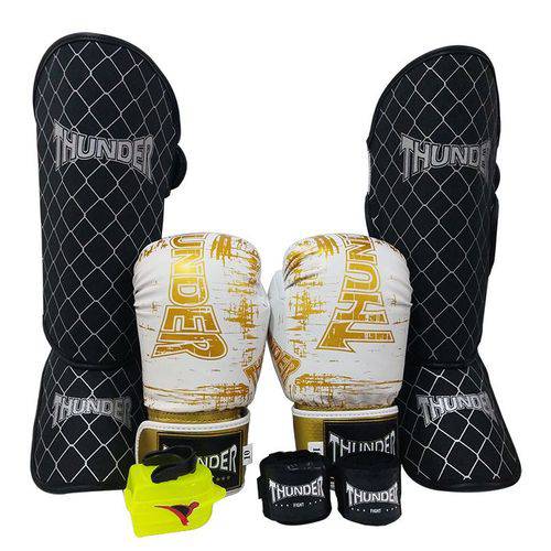 Kit de Muay Thai / Kickboxing 10oz - Branco Riscado Dourado - Thunder Fight