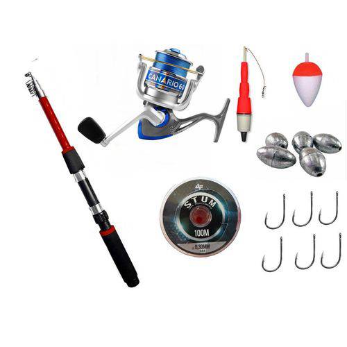 Kit de Pesca Smart Vermelha com Molinete Canário 100 Azul 64 Itens Albatroz