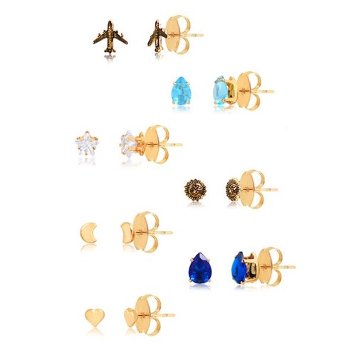 Kit de Sete Brincos com Pedras Azuis, Cristal e Pingentes Variados Folheados em Ouro 18k – 8888000000026