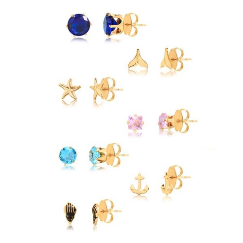 Kit de Sete Brincos com Pedras Azuis, Rosa e Pingentes do Mar Folheados em Ouro 18k – 8888000000025
