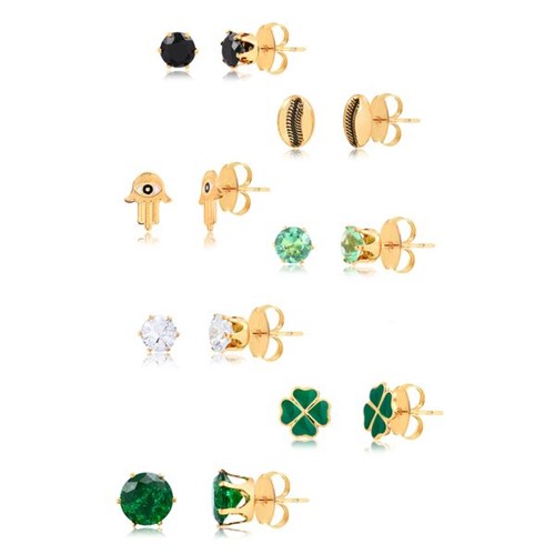 Kit de Sete Brincos com Pedras Verdes, Pretas, Cristais e Amuletos de Sorte e Proteção Folheados em Ouro 18k – 8888000000023