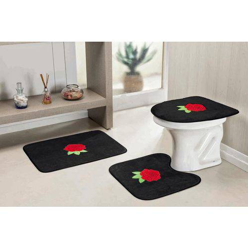 Kit de Tapetes de Banheiro 3 Peças Rosas Vermelhas Preto