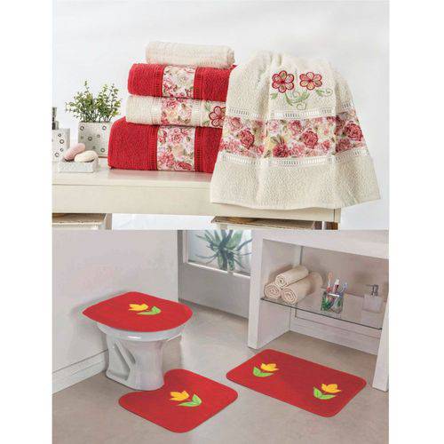 Kit Decoração Banheiro = Toalhas de Banho Passione + Jogo de Tapete Tulipa - Vermelho