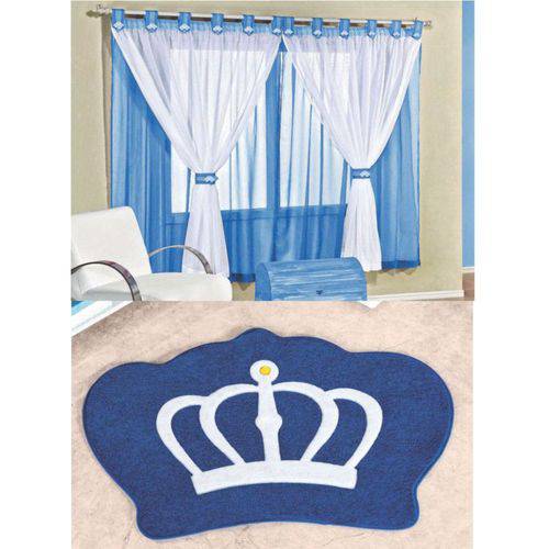 Kit Decoração Coroa Real P/ Quarto Infantil = Cortina Juvenil 2 Metros + Tapete Pelúcia - Azul Royal