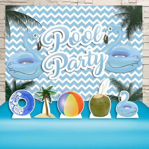 Kit Decoração Festa Pool Party Azul Cenários Kit Prata