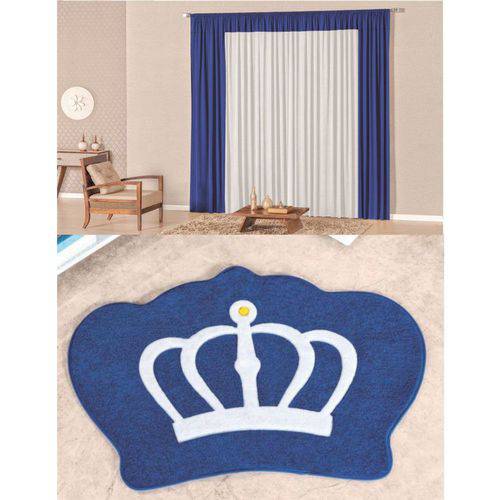 Kit Decoração Lutty P/ Quarto Menino = Cortina Malha 2 Metros + Tapete Pelúcia Coroa Real - Azul Royal
