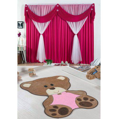 Kit Decoração P/ Quarto Infantil = Cortina Jéssica 2 Metros + Tapete Pelúcia Bebê Ursa - Pink Rosa