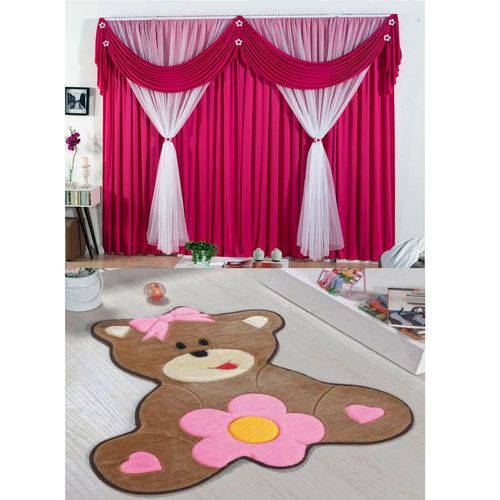 Kit Decoração P/ Quarto Infantil = Cortina Jéssica 2 Metros + Tapete Pelúcia Ursa Baby - Pink Rosa