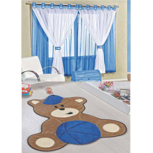 Kit Decoração Urso Baby P/ Quarto Infantil = Cortina Juvenil 2 Metros + Tapete Pelúcia - Azul Royal
