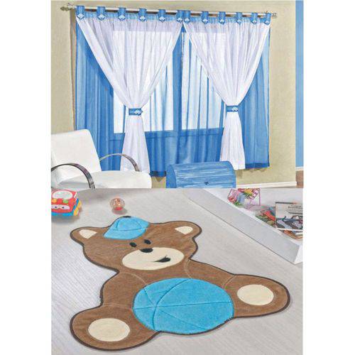 Kit Decoração Urso Baby P/ Quarto Infantil = Cortina Juvenil 2 Metros + Tapete Pelúcia - Azul Turquesa