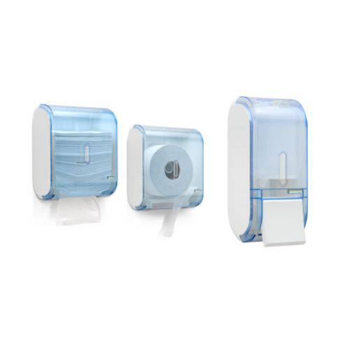 Kit Dispenser Toalha + Saboneteira + Suporte Rolão Higiênico Urban Glass Azul Premisse