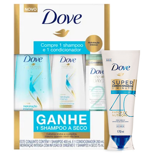 Kit Dove Hidratação Intensa Shampoo 400ml + Condicionador 200ml + Shampoo a Seco Day 2 75ml + Super Condicionador 1 Minuto Fator de Nutrição 170ml