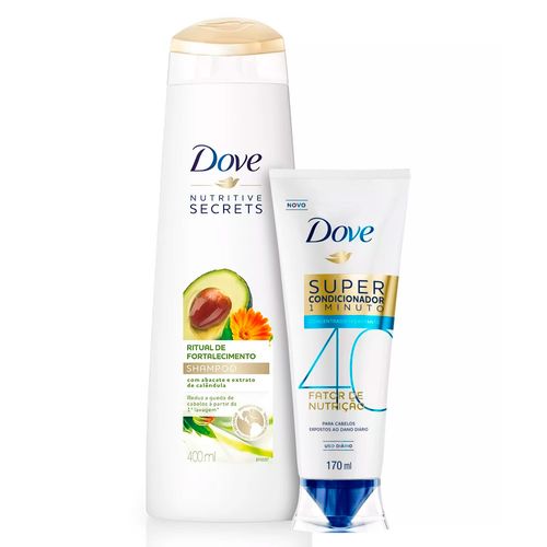 Kit Dove Shampoo Ritual de Fortalecimento 400ml + Super Condicionador 1 Minuto Fator de Nutrição 40 Hidratante 170ml