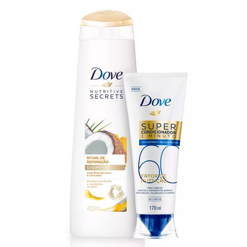 Kit Dove Shampoo Ritual de Reparação 400ml + Super Condicionador 1 Minuto Fator de Nutrição 60 Reconstrutor 170ml