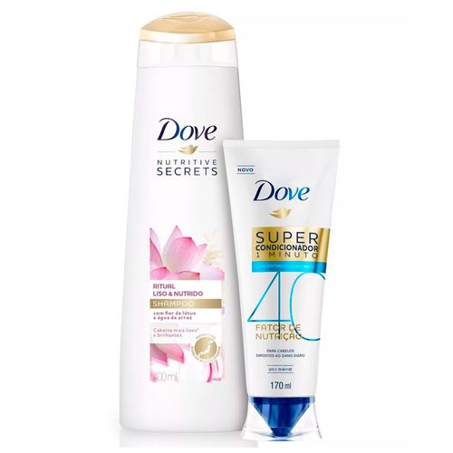Kit Dove Shampoo Ritual Liso e Nutrido 400ml + Super Condicionador 1 Minuto Fator de Nutrição 40 Hidratante 170ml