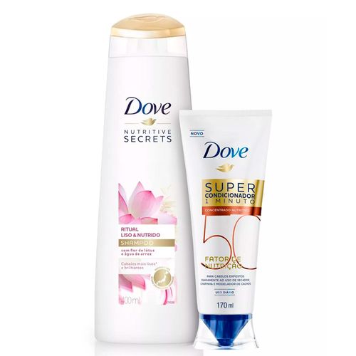 Kit Dove Shampoo Ritual Liso e Nutrido 400ml + Super Condicionador 1 Minuto Fator de Nutrição 50 Nutritivo 170ml