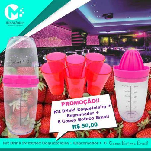 Kit Drink Morango Coqueteleira + Espremedor + 6 Copos Boteco Brasil