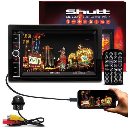 Kit Dvd Player Shutt Las Vegas Bluetooth Usb Espelhamento Celular Aux + Câmera de Ré Tartaruga Preta