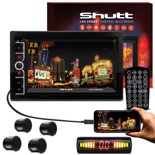 Kit Dvd Player Shutt Las Vegas Bluetooth Usb Espelhamento Celular Aux + Sensor Ré 4 Pontos Led Preto