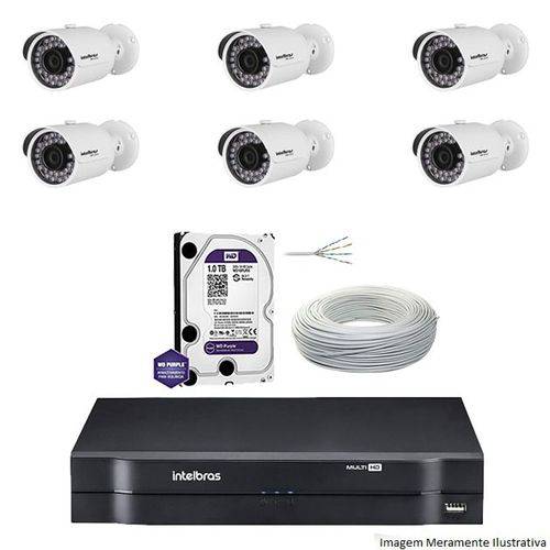 Kit Dvr Intelbras 8 Canais Mhdx 6 Câmeras Ips Bullet Vip S3020b Hd 1 Tb Wd Purple + Cabo