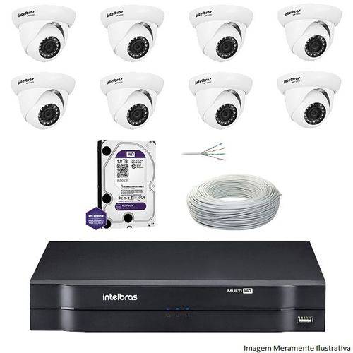 Kit Dvr Intelbras 8 Canais Mhdx 8 Câmeras Ips Dome Vip S4020 Hd 1 Tb Wd Purple + Cabo