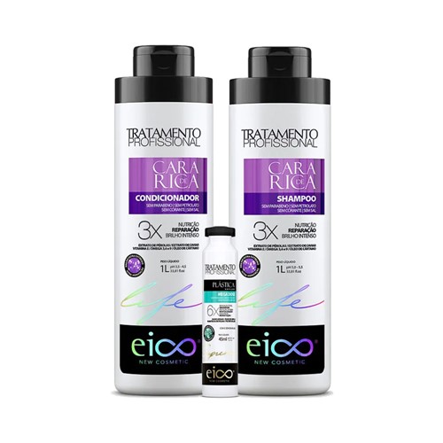 Kit Eico Cara de Rica Shampoo + Condicionador 1000ml Grátis Ampola Mega Dose Eico Plástica dos Fios