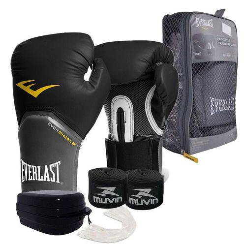 Kit Elite Masculino / Feminino - Boxe Muay Thai Kickboxing - Luva 16 Oz Everlast + Bandagem + Protetor Bucal - Preto