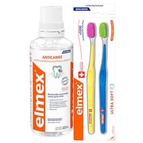 Kit Elmex Escova Dental Ultra Soft 2 Unidades + Enxaguante Bucal Anticaries 400ml