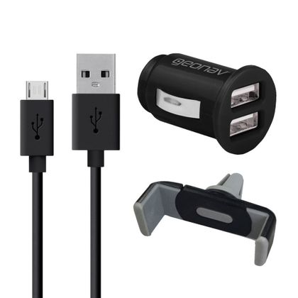 Kit 3 em 1 Carregador Veicular USB + Cabo Micro USB + Suporte Veicular