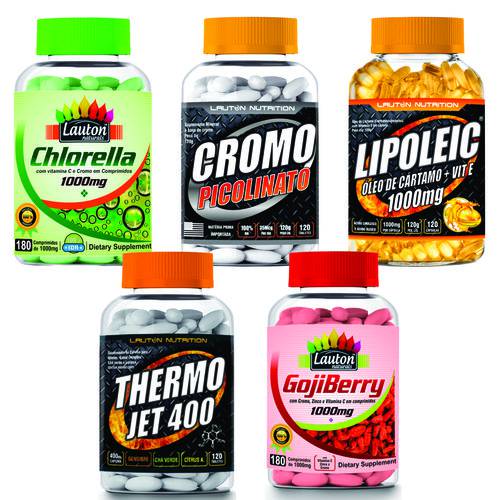 KIT Emagrecedor - Lipoleic + Cromo Picolinato + Goji Berry + Thermo Jet + Chlorella - Lauton Nutrition