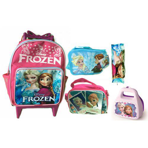 Kit Escolar Frozen Mochila de Rodinhas Pequena de 1 a 4 Anos com Lancheira Térmica, Estojo, Bolsa de Passeio e Maletinha