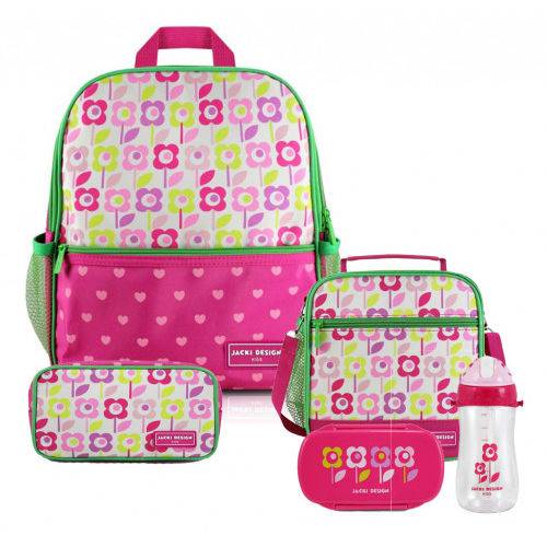 Kit Escolar Infantil Feminino Flor Pink Claro Mochila + Lancheira + Marmita + Estojo + Squeeze - Jacki Design