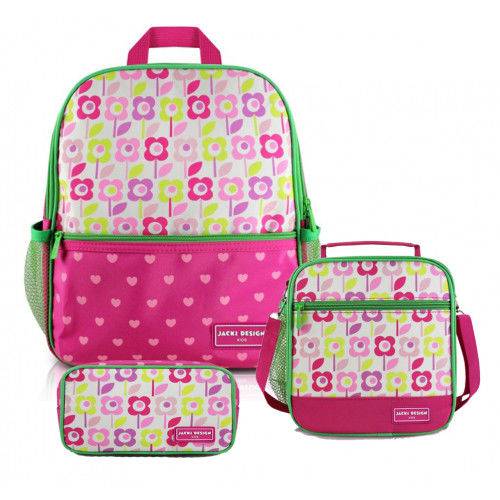 Kit Escolar Infantil Feminino Mochila + Lancheira P + Estojo Flor Pink Sapeka Jacki Design