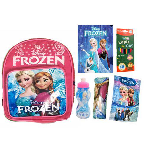 Kit Escolar Infantil Mochila da Frozen Anna e Elsa + Estojo, Livro, Toalhinha, Garrafinha e Lápis de Cor
