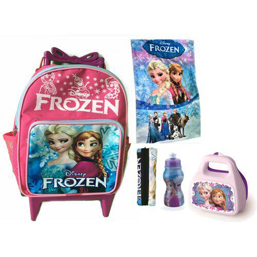 Kit Escolar Mochila de Rodinhas Pequena da Frozen para Creche Escolinha Kit com 4 Itens + Mochila