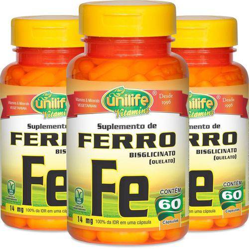 Kit 3 Ferro Quelato Fe 14mg Unilife 60 Cápsulas