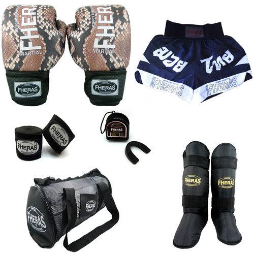 Kit Fheras Boxe Top - Luva Bandagem Bucal Caneleira Bolsa Shorts - COBRA 1