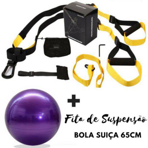 Kit Fita de Suspensão Completa + Bola Suiça Roxa 65cm Pilates