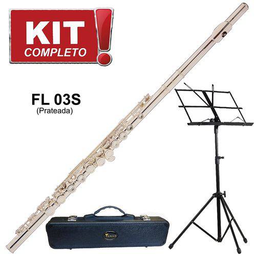Kit Flauta Eagle Fl03s Prateada Transversal em Dó Case Rígido Luxo Estante de Partitura