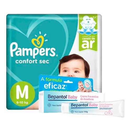 Kit Fralda Descartável Pampers Confort Sec Bag Giga M 80 Unidades + Bepantol Baby Bayer 100g