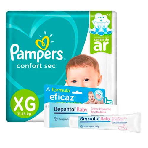 Kit Fralda Descartável Pampers Confort Sec Bag Giga XG 62 Unidades + Bepantol Baby Bayer 100g