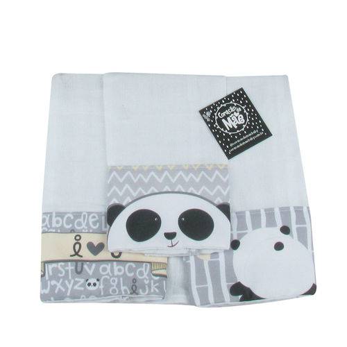 Kit 3 Fraldas de Boca Panda Cinza - Coração de Mãe