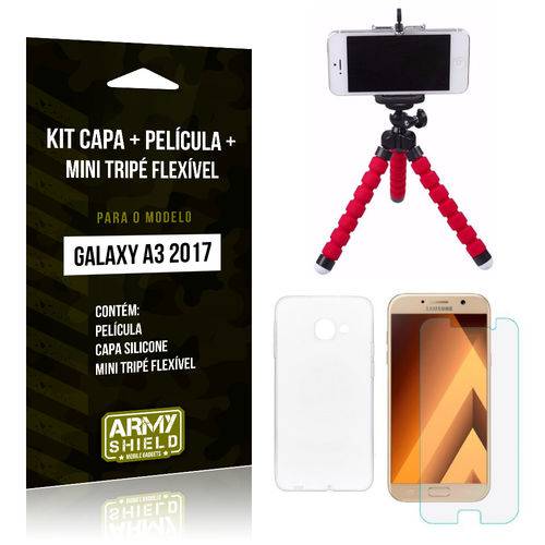 Kit Galaxy A3 (2017) Capa Silicone + Película de Vidro + Mini Tripé Flexível - Armyshield