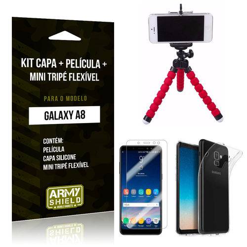 Kit Galaxy A8 Capa Silicone + Película de Vidro + Mini Tripé Flexível - Armyshield