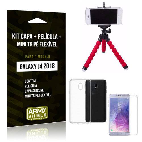 Kit Galaxy J4 (2018) Capa Silicone + Película de Vidro + Mini Tripé Flexível - Armyshield
