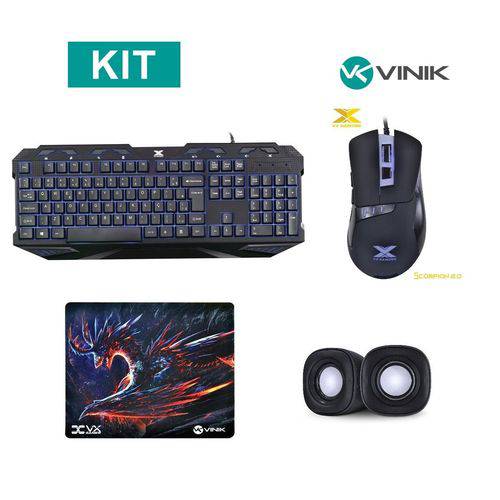 Kit Gamer Vx Gaming Teclado Fenix + Mouse Scorpion 3200 Dpi + Caixa de Som Effect + Mouse Pad Dragon