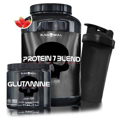 Kit Ganho de Massa Muscular Black Skull - Protein 7 Blend + Glutamina + Coqueteleira - Black Skull