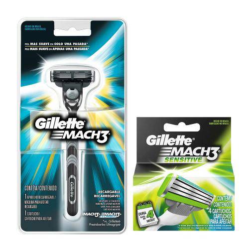 Kit Gillette Mach3 Aparelho Barbeador 1 Unidade + Carga Sensitive 4 Unidades